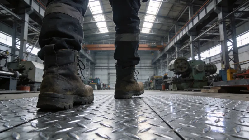 Chequered Plate laid as anti-slip flooring in an industrial workshop